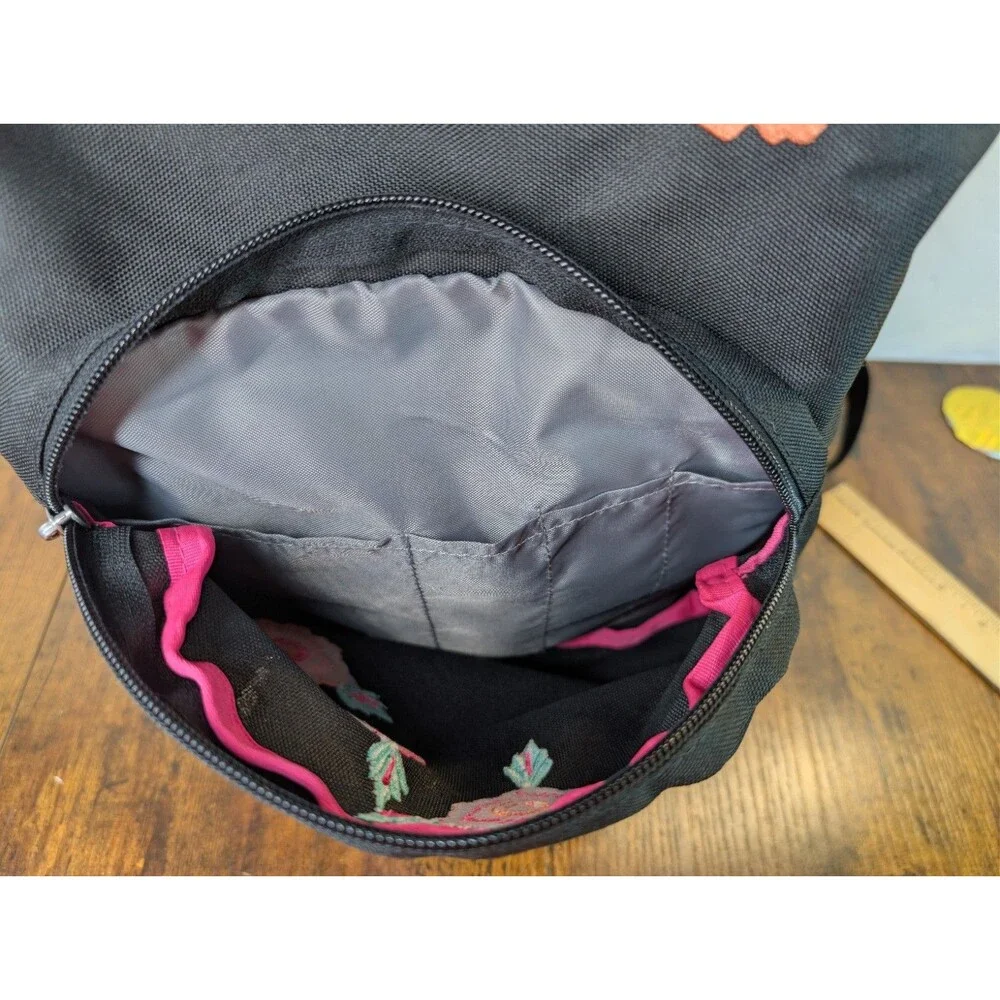 Trans By Jansport Black Pink Backpack Rosa Floral Embroidered Design